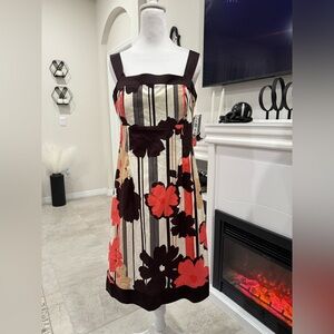 R&K Floral Stripe Midi Dress - Brown, Red and Cream. Size 10 NWT